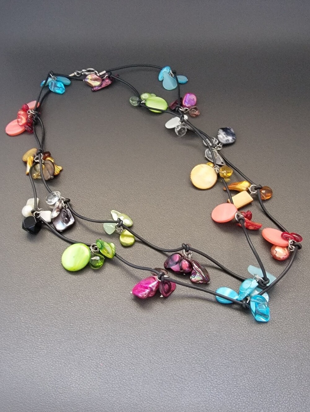 Artisan Opera Necklace Multi Strand Rubber Cord Dyed Blister Pearl Shell